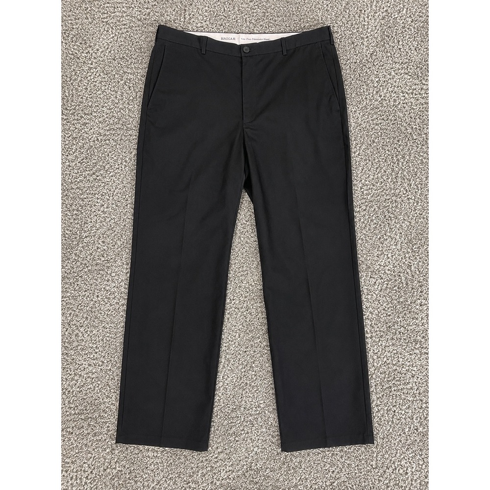 Haggar Premium No Iron Black Khaki Pants 38x29 Flat Front Straight Leg